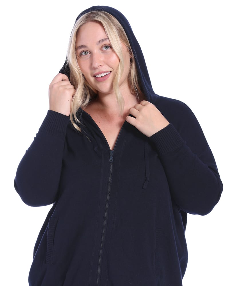 Front of a model wearing a size 2X Cotton Cashmere Oversized Zip Hoodie in Navy by Minnie Rose. | dia_product_style_image_id:324874